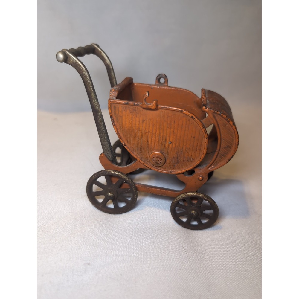 Cast Iron Kilgore Doll Stroller Toy Baby Carriage Pram Orange 4.5"